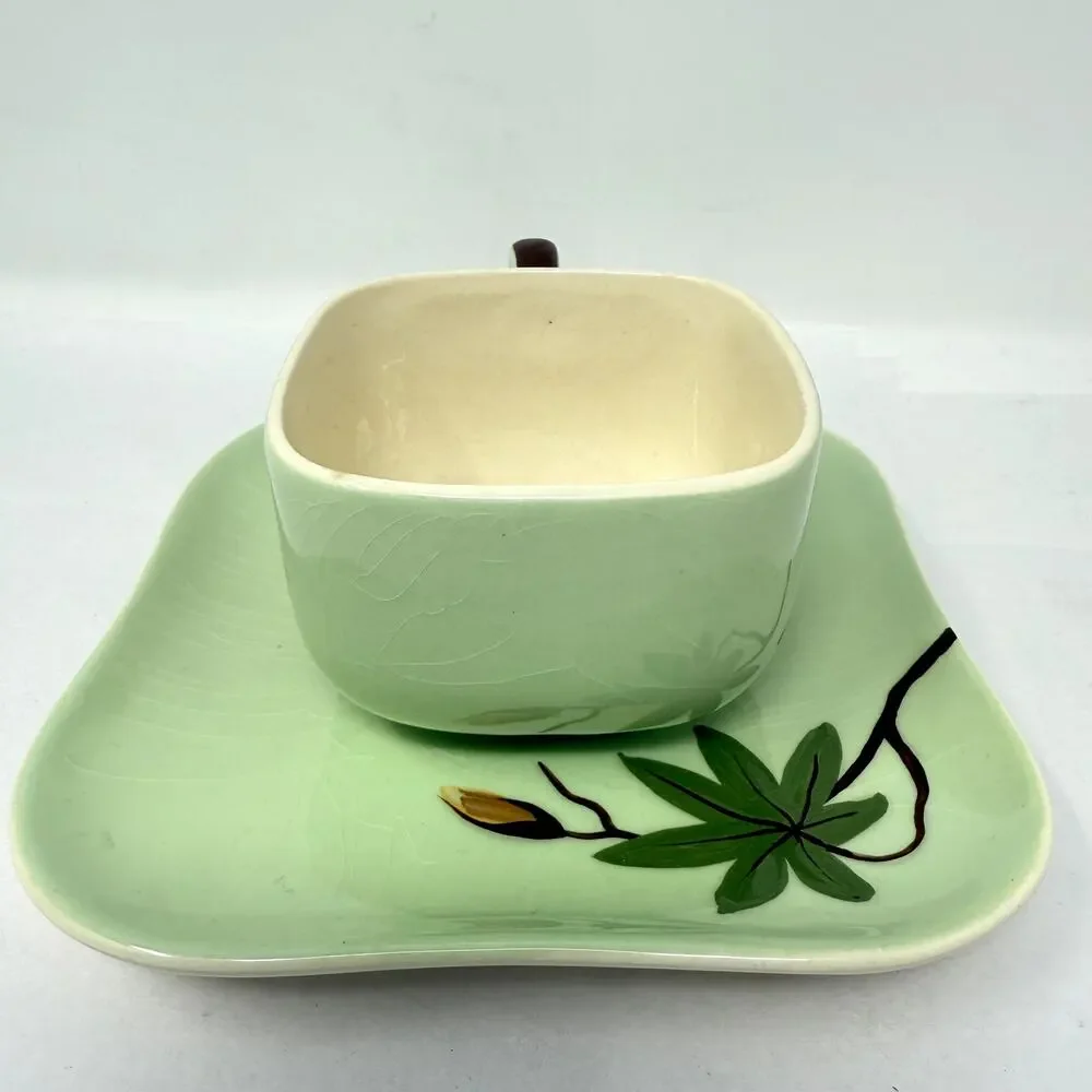 Weil Ware California Pottery Cup & Plate Set Hand Decorated Bamboo Lotus Vintage